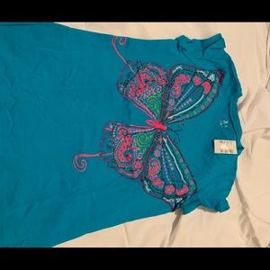 Blue girls T-shirt in size XL. BUTTERFLY design. Beautiful T shirt.